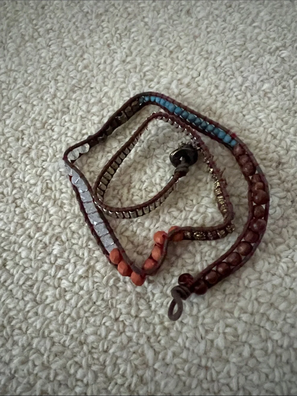 Free People Brown Leather Wrap Bracelet with Turquoise and Coral Beads